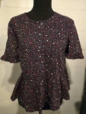 Madewell Navy Star-Print Peplum Button-Front Top. EUC